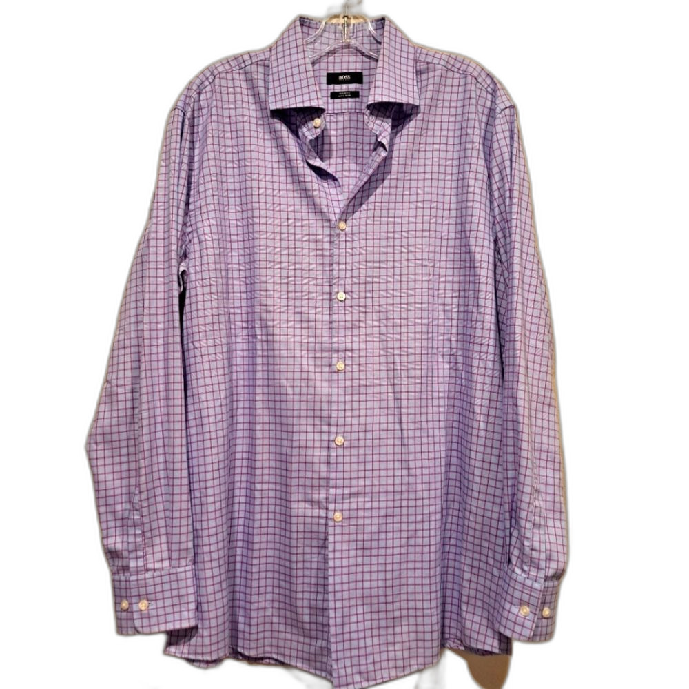 BOSS Hugo Boss Sharp Fit Easy Iron Long Sleeve Blue Button-Up Shirt sz 17 34/35